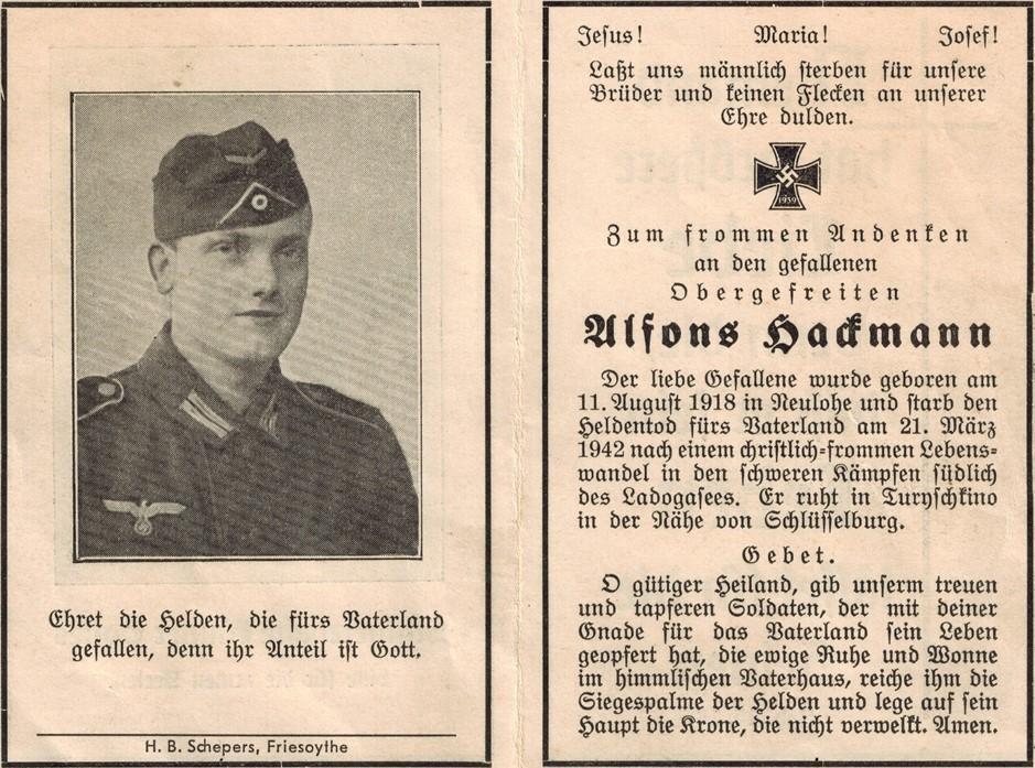Kriegsopfer des 2. Weltkrieges Alfons Hackmann 21.03.1942