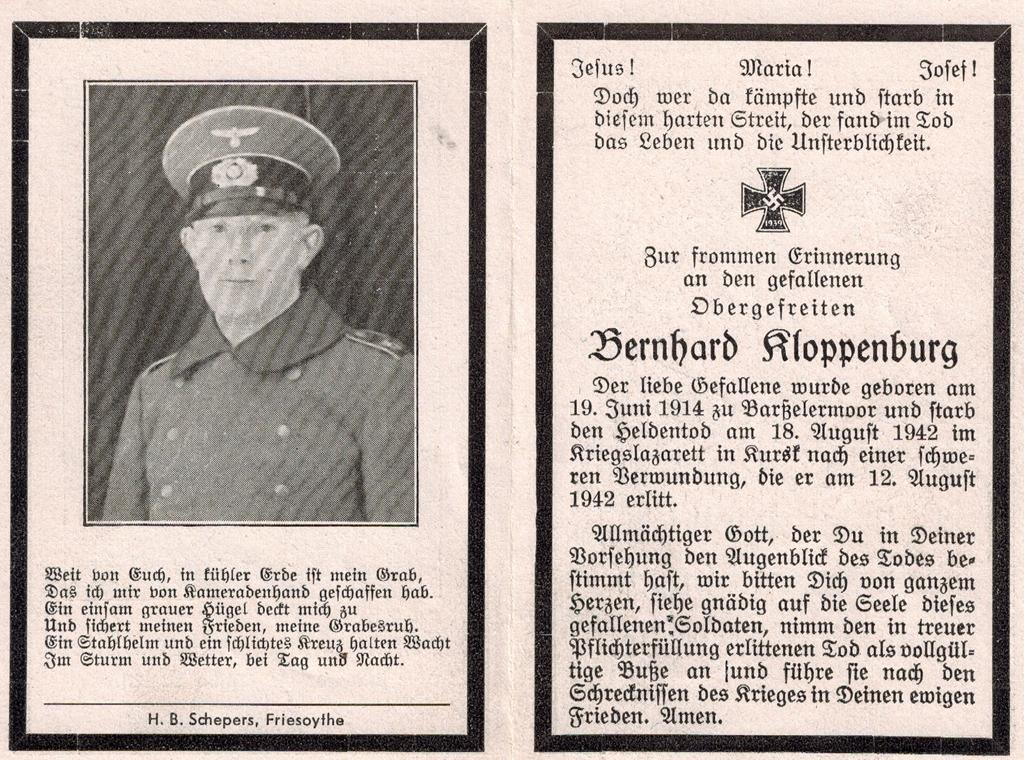 Kriegsopfer des 2. Weltkrieges Bernhard Kloppenburg 18.08.1942