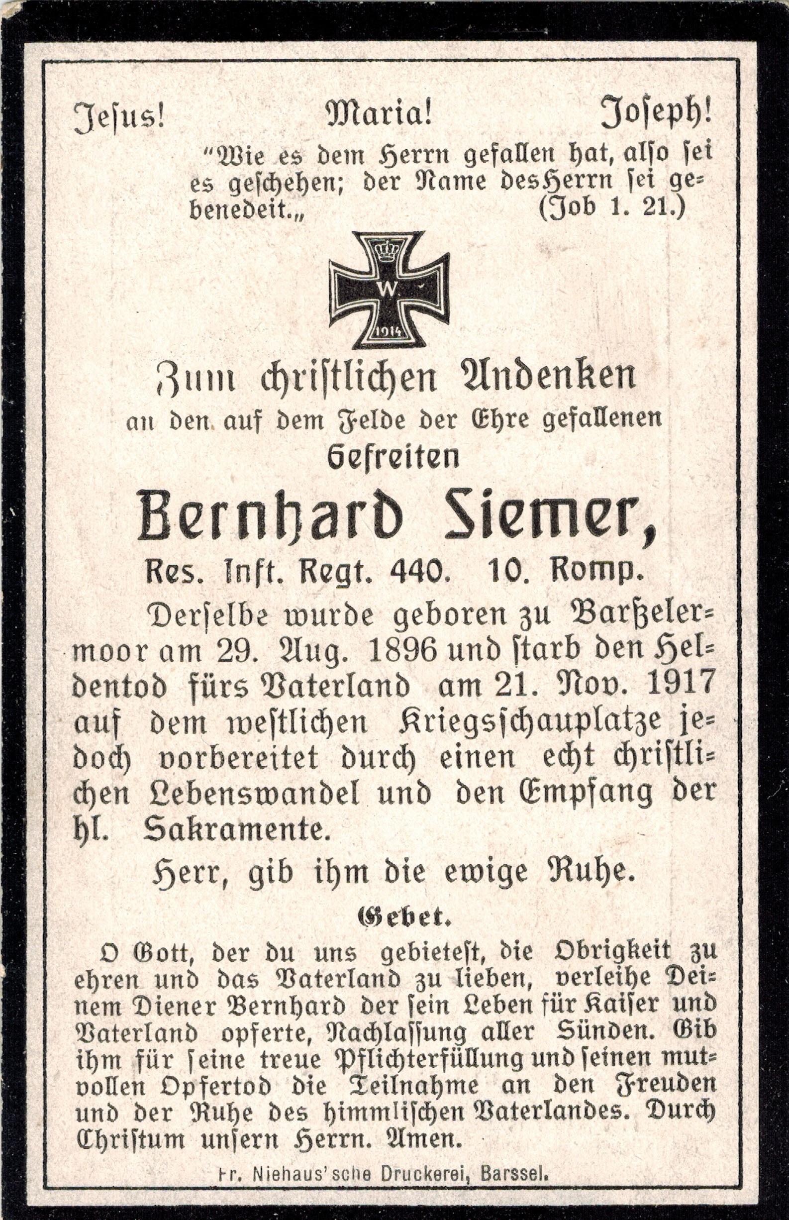 Kriegsopfer des 1. Weltkrieges Bernhard Siemer 21.11.1917