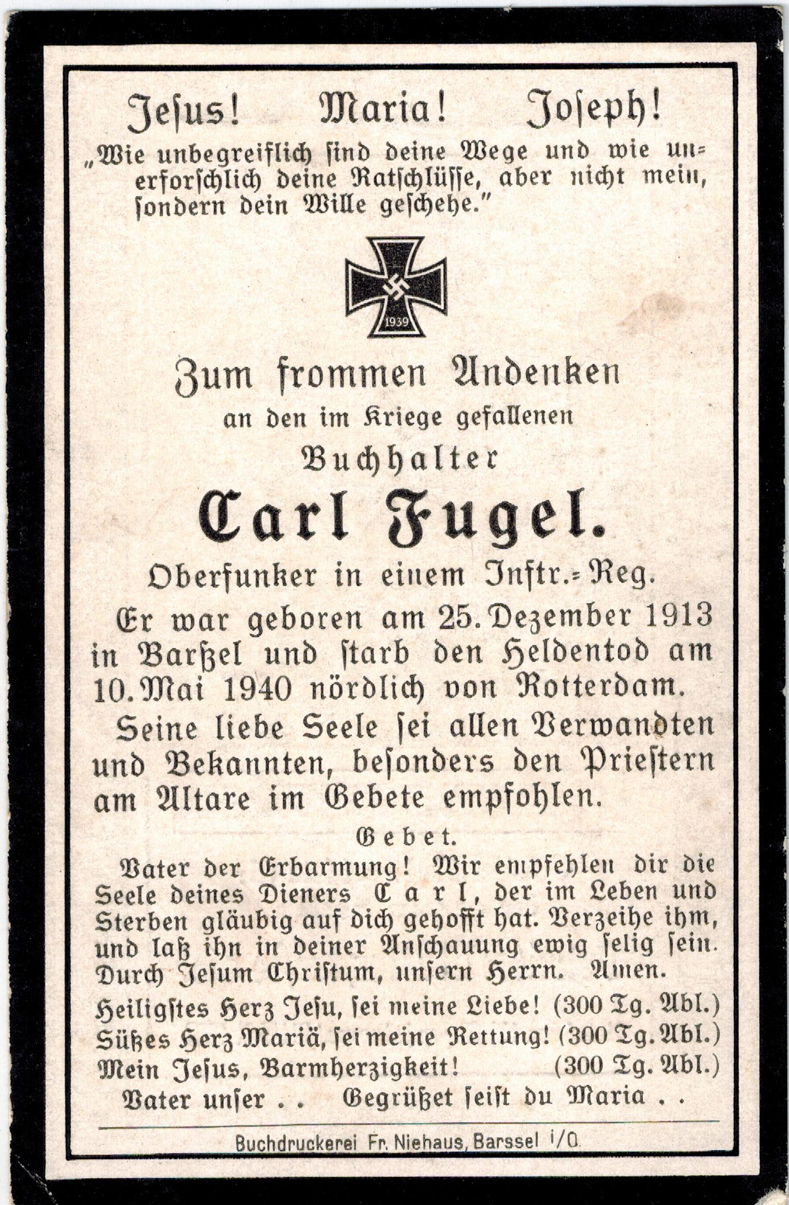 Kriegsopfer des 2. Weltkrieges Carl Fugel 10.05.1940