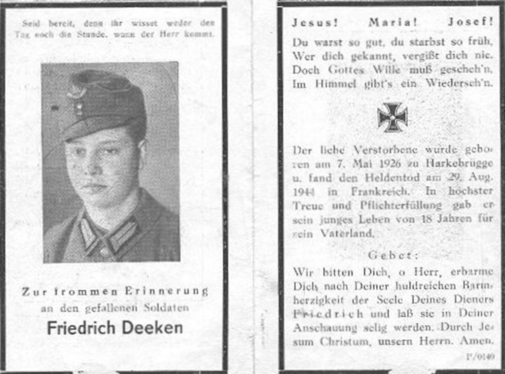 Kriegsopfer des 2. Weltkrieges Friedrich Deeken 29.08.1944