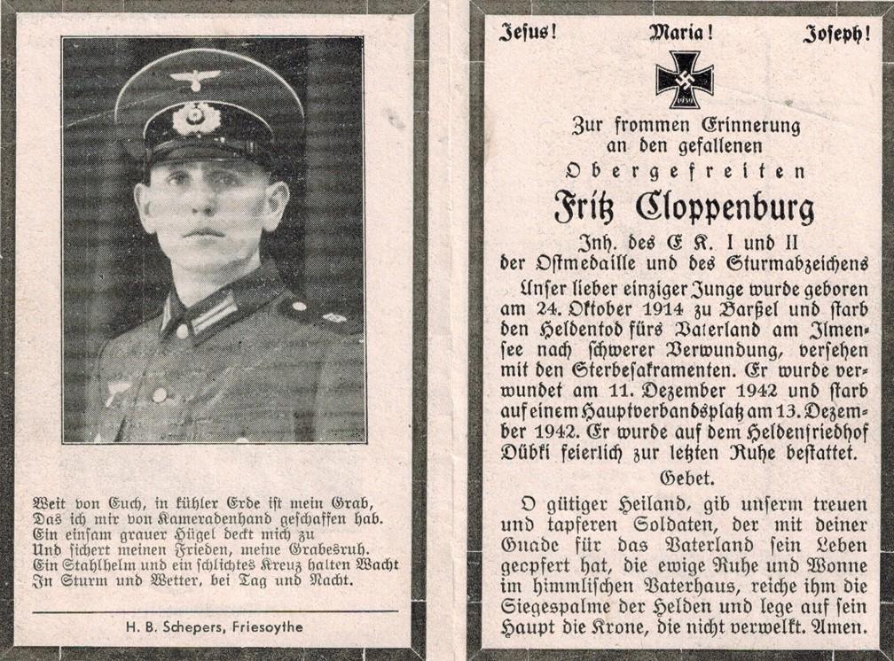 Kriegsopfer des 2. Weltkrieges Fritz Cloppenburg 13.12.1942