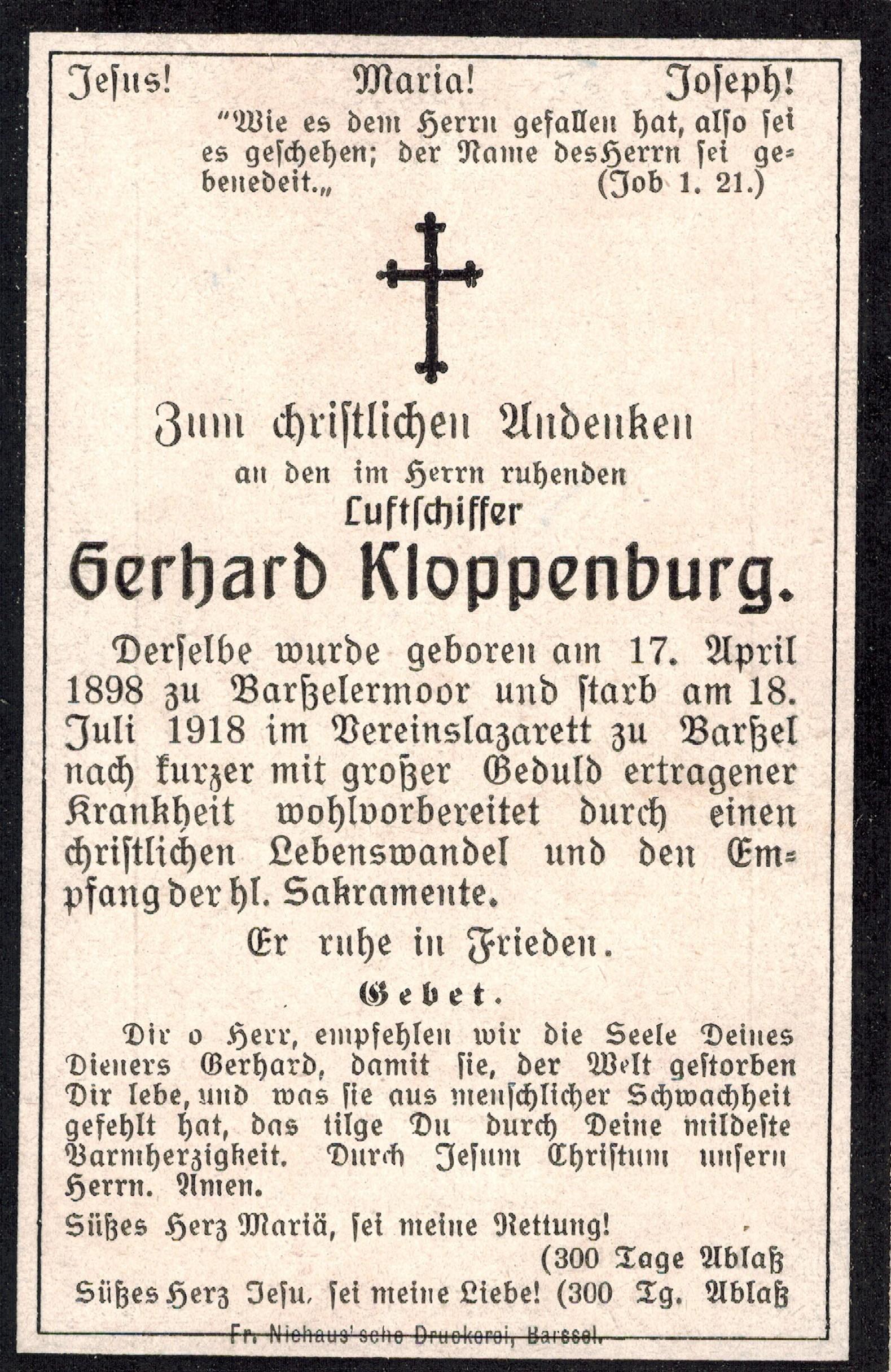 Kriegsopfer des 1. Weltkrieges Gerhard Kloppenburg 18.07.1918