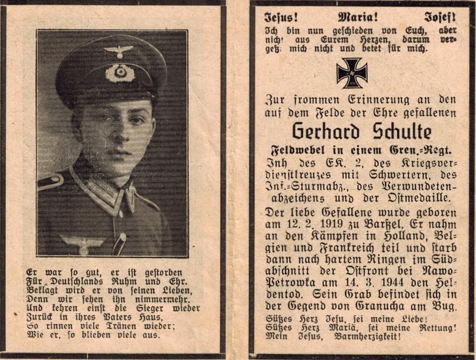 Kriegsopfer des 2. Weltkrieges Gerhard Schulte 14.03.1944