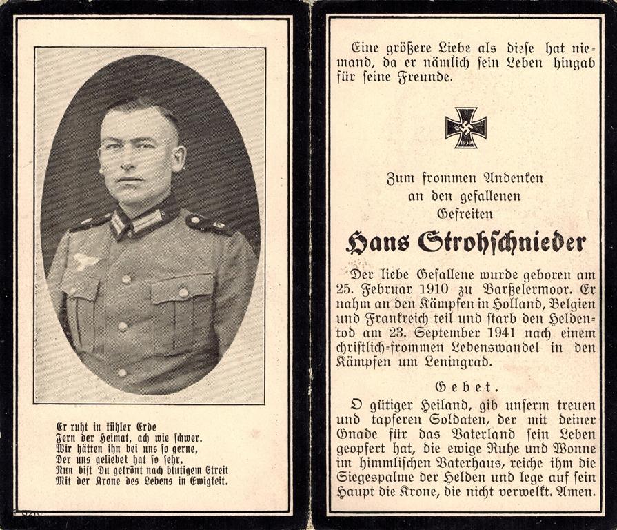 Kriegsopfer des 2. Weltkrieges Hans Strohschnieder 23.09.1941