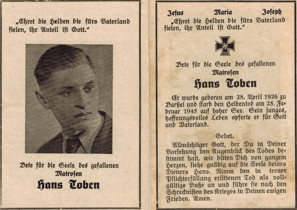 Kriegsopfer des 2. Weltkrieges Hans Toben 25.02.1945