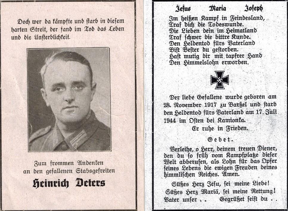 Kriegsopfer des 2. Weltkrieges Heinrich Deters 17.07.1944