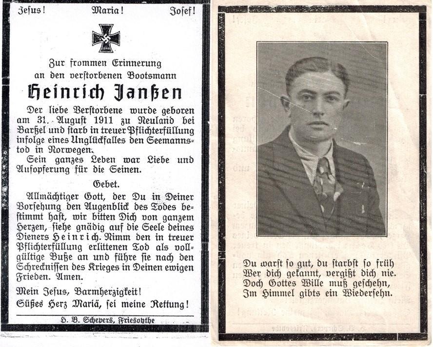 Kriegsopfer des 2. Weltkrieges Heinrich Janßen 13.08.1943