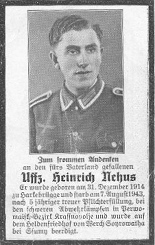 Kriegsopfer des 2. Weltkrieges Heinrich Nehus 07.08.1943