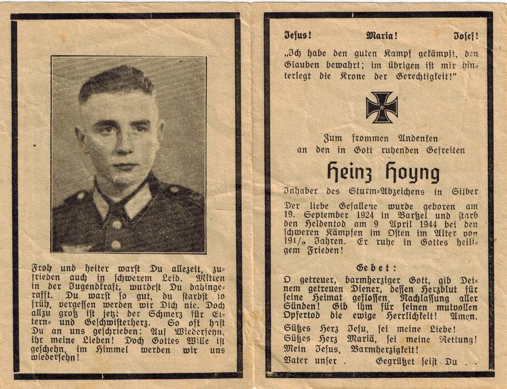 Kriegsopfer des 2. Weltkrieges Heinz Hoyng 09.04.1944