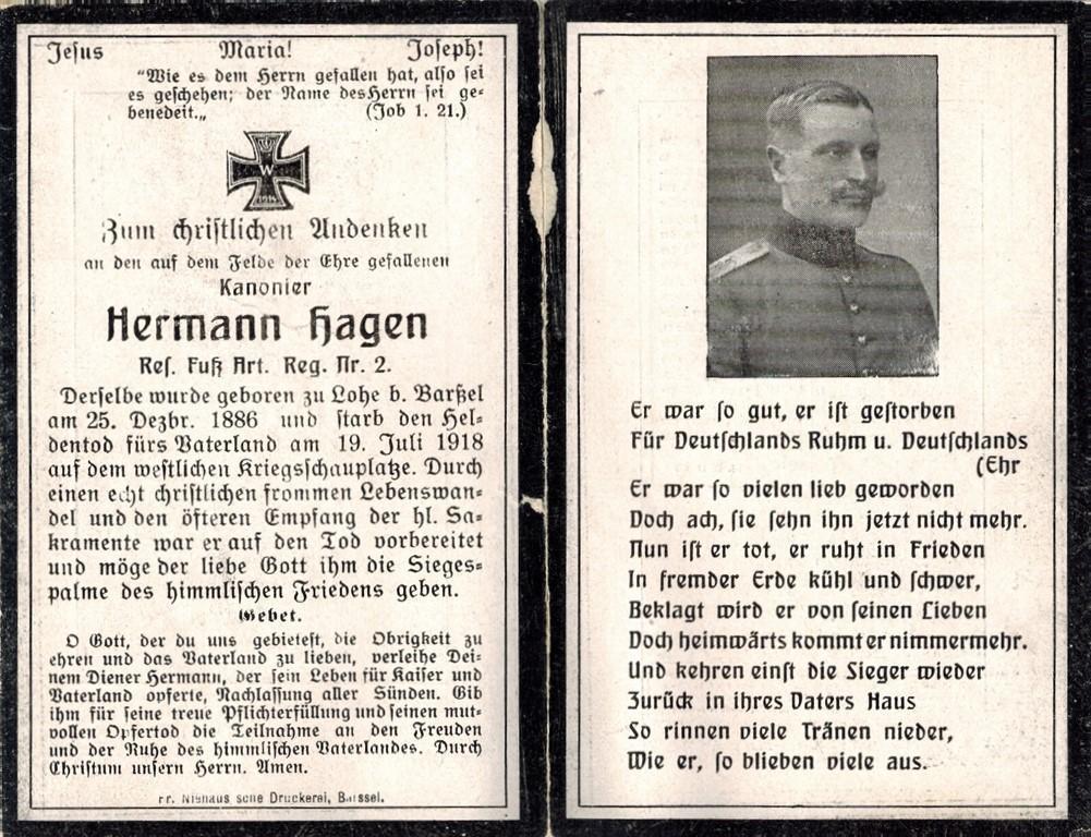Kriegsopfer des 1. Weltkrieges Hermann Hagen 19.07.1918