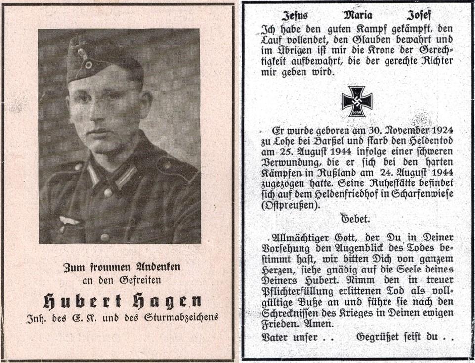 Kriegsopfer des 2. Weltkrieges Hubert Hagen 25.08.1944