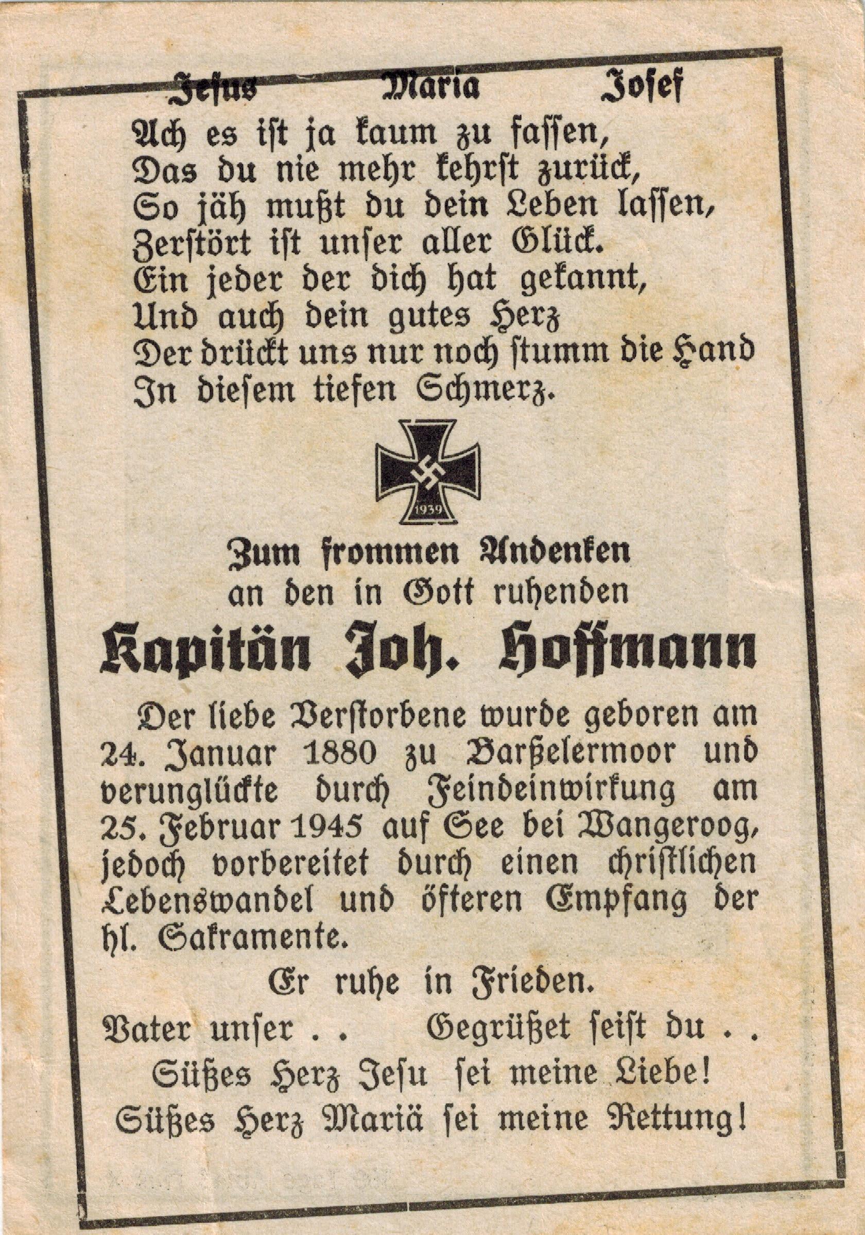 Kriegsopfer des 2. Weltkrieges Johann Hoffmann 25.02.1945