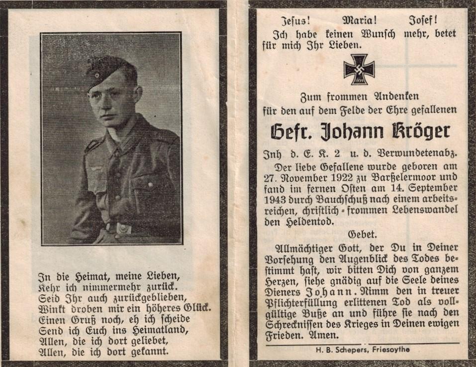 Kriegsopfer des 2. Weltkrieges Johann Kröger 14.09.1943