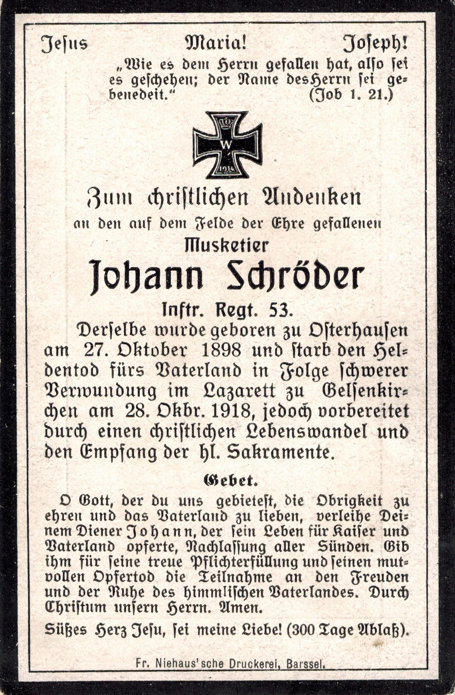 Kriegsopfer des 1. Weltkrieges Johann Schröder 28.10.1918