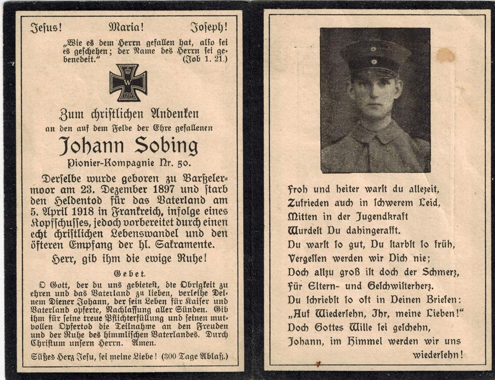 Kriegsopfer des 1. Weltkrieges Johann Sobing 05.04.1918