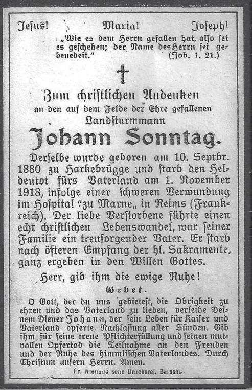 Kriegsopfer des 1. Weltkrieges Johann Sonntag 01.11.1918