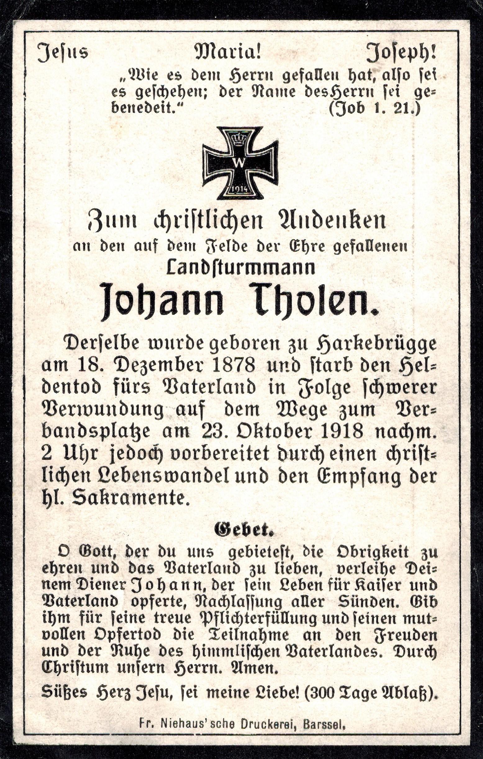 Kriegsopfer des 1. Weltkrieges Johann Tholen 23.10.1918