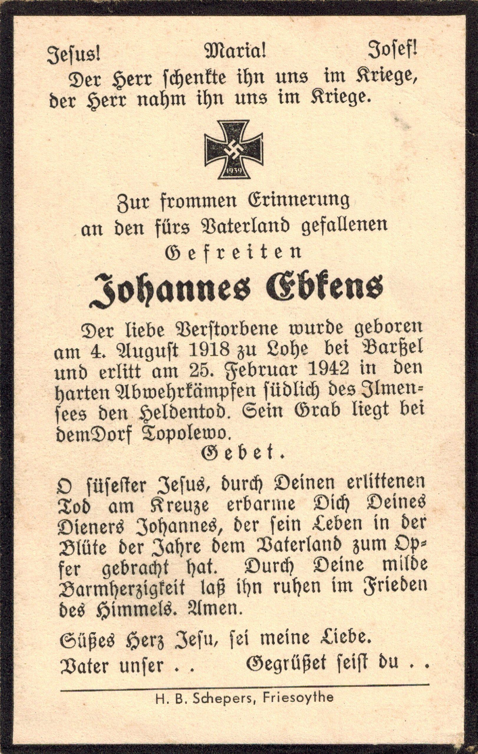 Kriegsopfer des 2. Weltkrieges Johannes Ebkens 25.02.1942