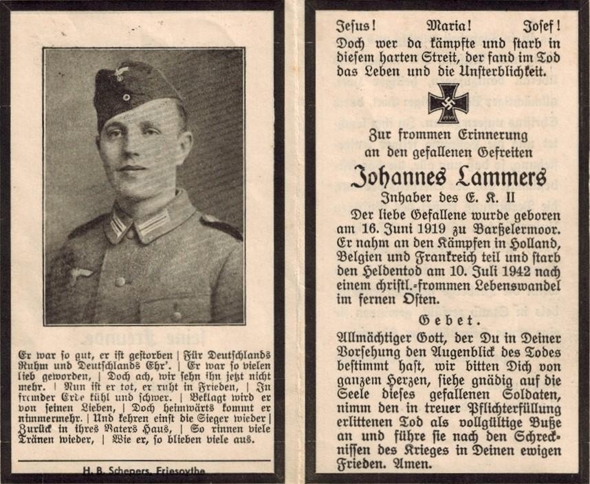 Kriegsopfer des 2. Weltkrieges Johannes Lammers 10.07.1942