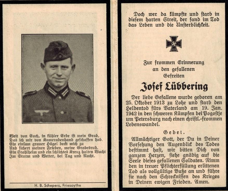 Kriegsopfer des 2. Weltkrieges Josef Lübbering 19.01.1942
