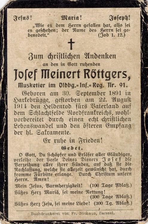 Kriegsopfer des 1. Weltkrieges Josef Meinert Röttgers 22.08.1914
