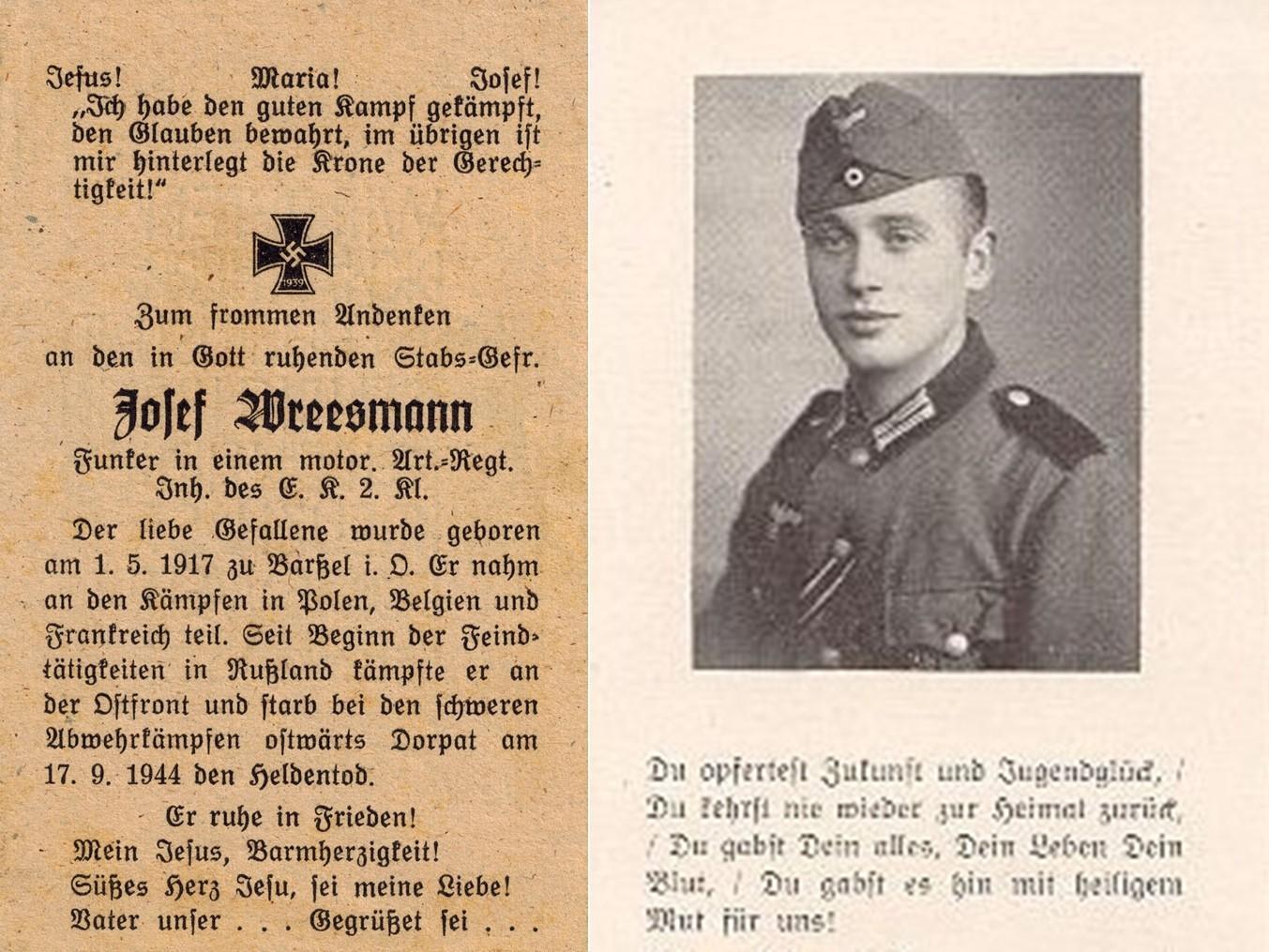 Kriegsopfer des 2. Weltkrieges Josef Wreesmann 17.09.1944