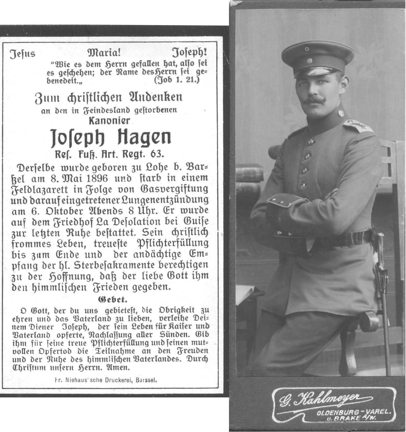 Kriegsopfer des 1. Weltkrieges Joseph Hagen 06.10.1918