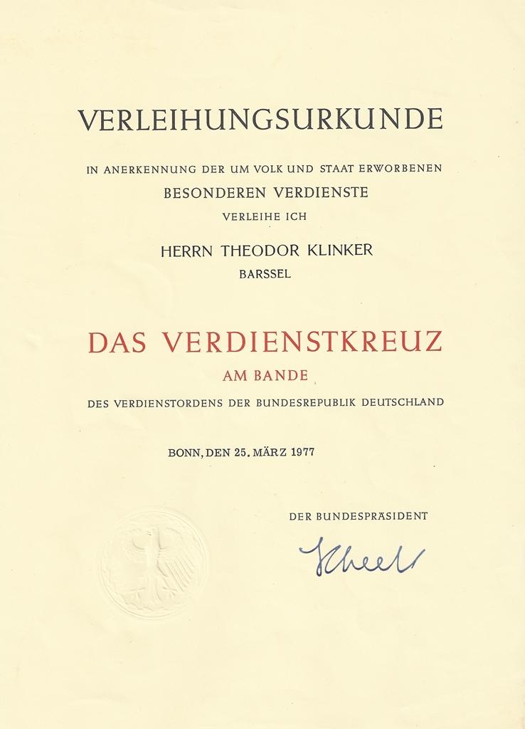 Urkunde Verdienstkreuz Theodor Klinker