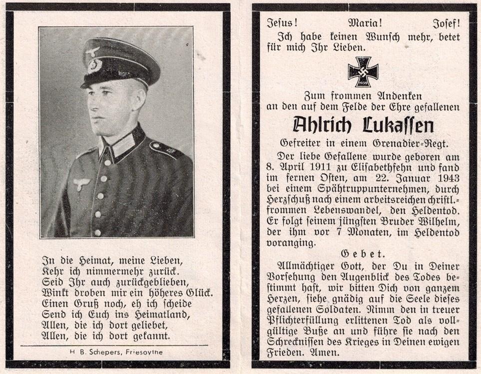 Kriegsopfer des 2. Weltkrieges Ahlrich Lukassen 22.01.1943