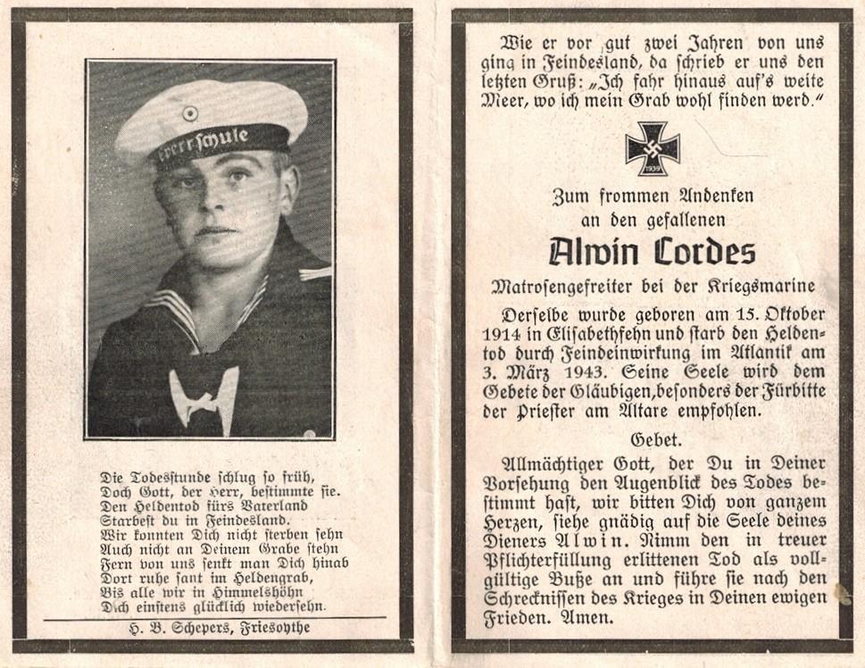 Kriegsopfer des 2. Weltkrieges Alwin Cordes 03.03.1943