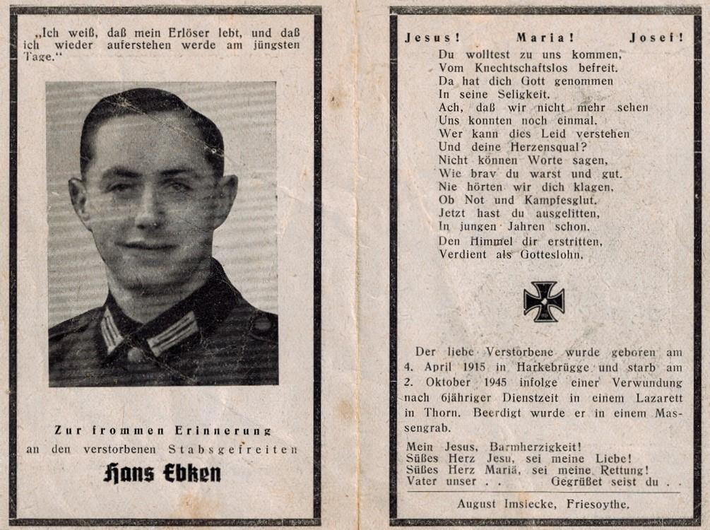 Kriegsopfer des 2. Weltkrieges Hans Ebken 02.10.1945