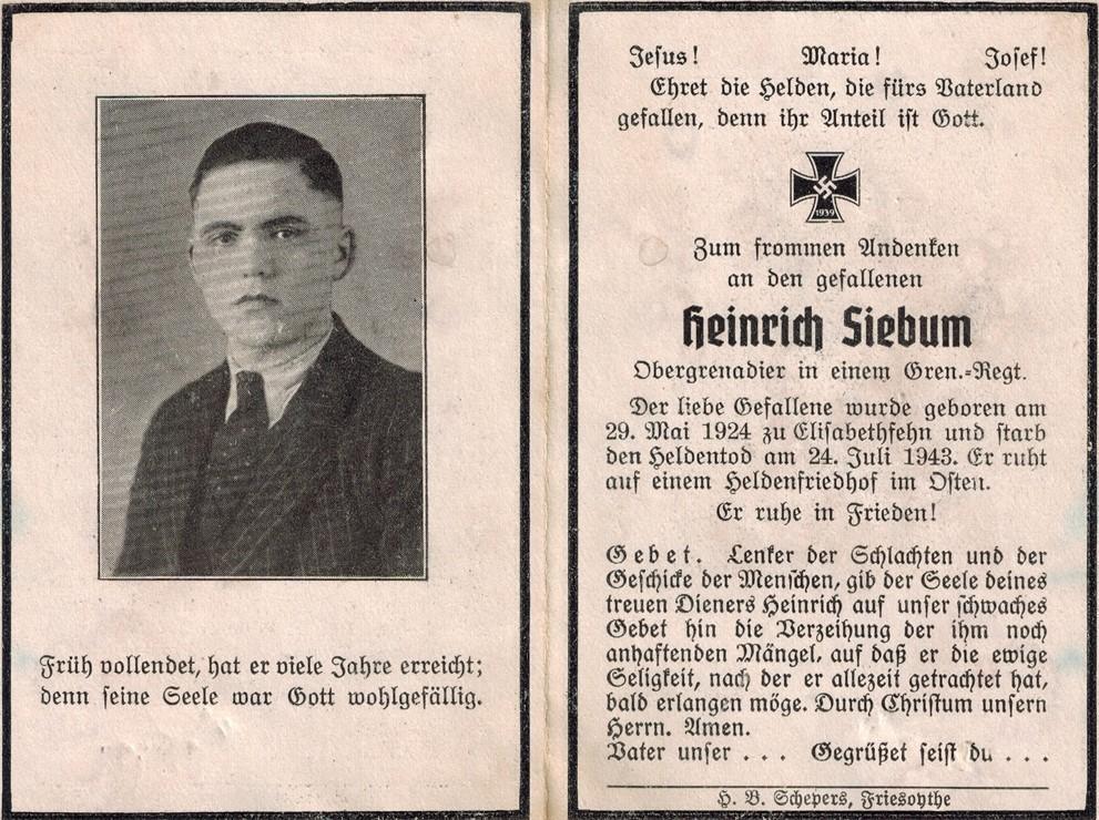 Kriegsopfer des 2. Weltkrieges Heinrich Siebum 24.07.1943