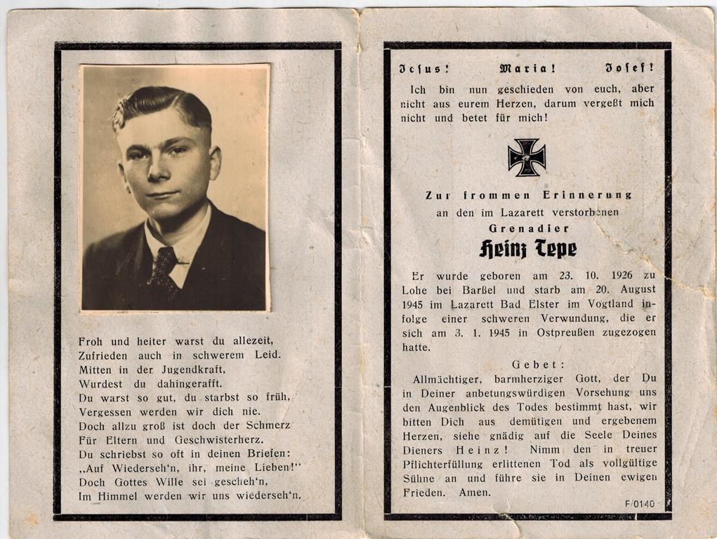 Kriegsopfer des 2. Weltkrieges Heinz Tepe 03.01.1945