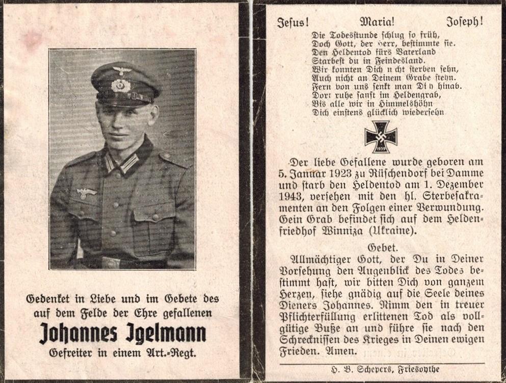 Kriegsopfer des 2. Weltkrieges Johannes Igelmann 01.12.1943