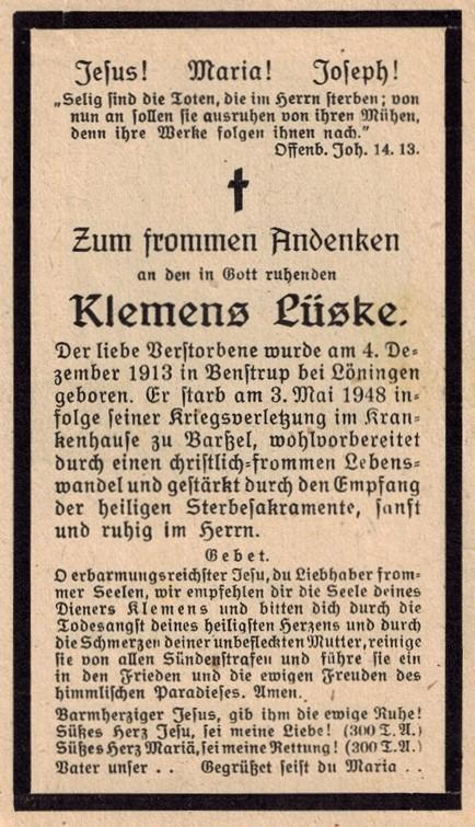 Kriegsopfer des 2. Weltkrieges Klemens Lüske 03.05.1948