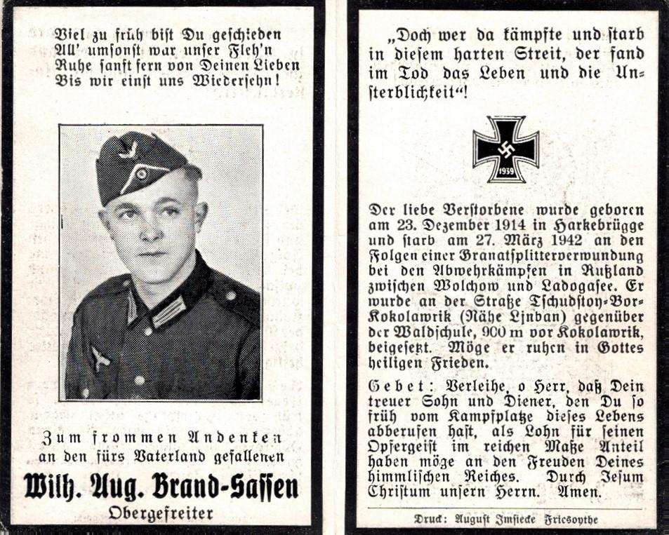 Kriegsopfer des 2. Weltkrieges Wilhelm August Brand-Sassen 27.03.1942