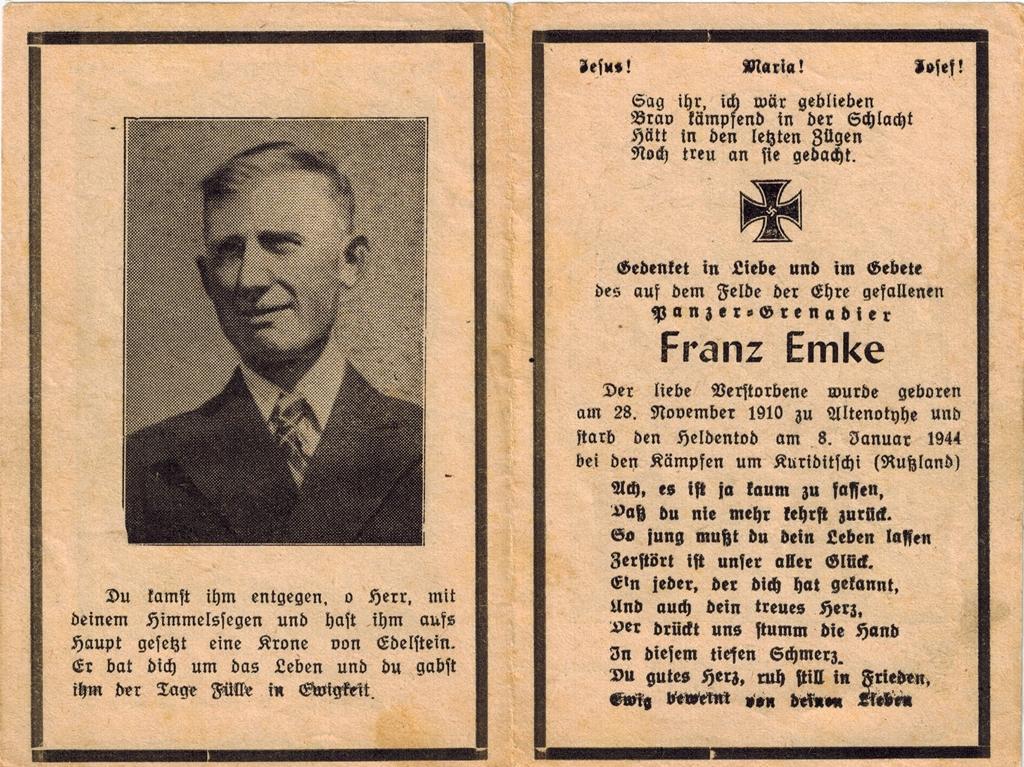 Kriegsopfer des 2. Weltkrieges Franz Emke 08.01.1944