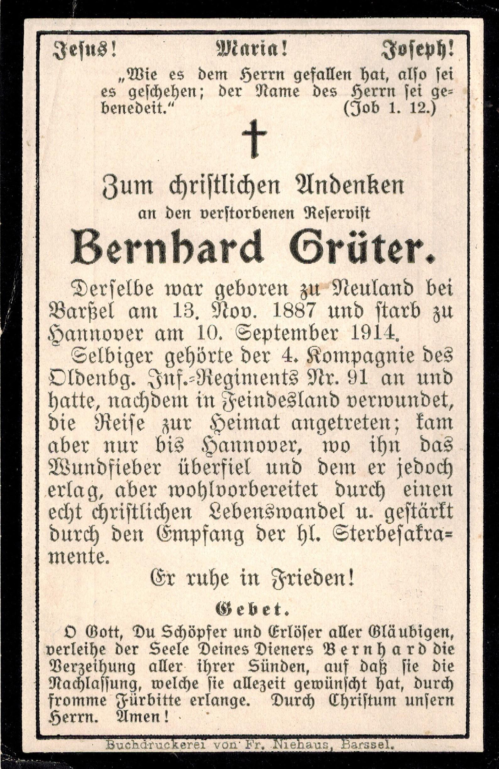 Kriegsopfer des 1. Weltkrieges Bernhard Grüter 10.09.1914
