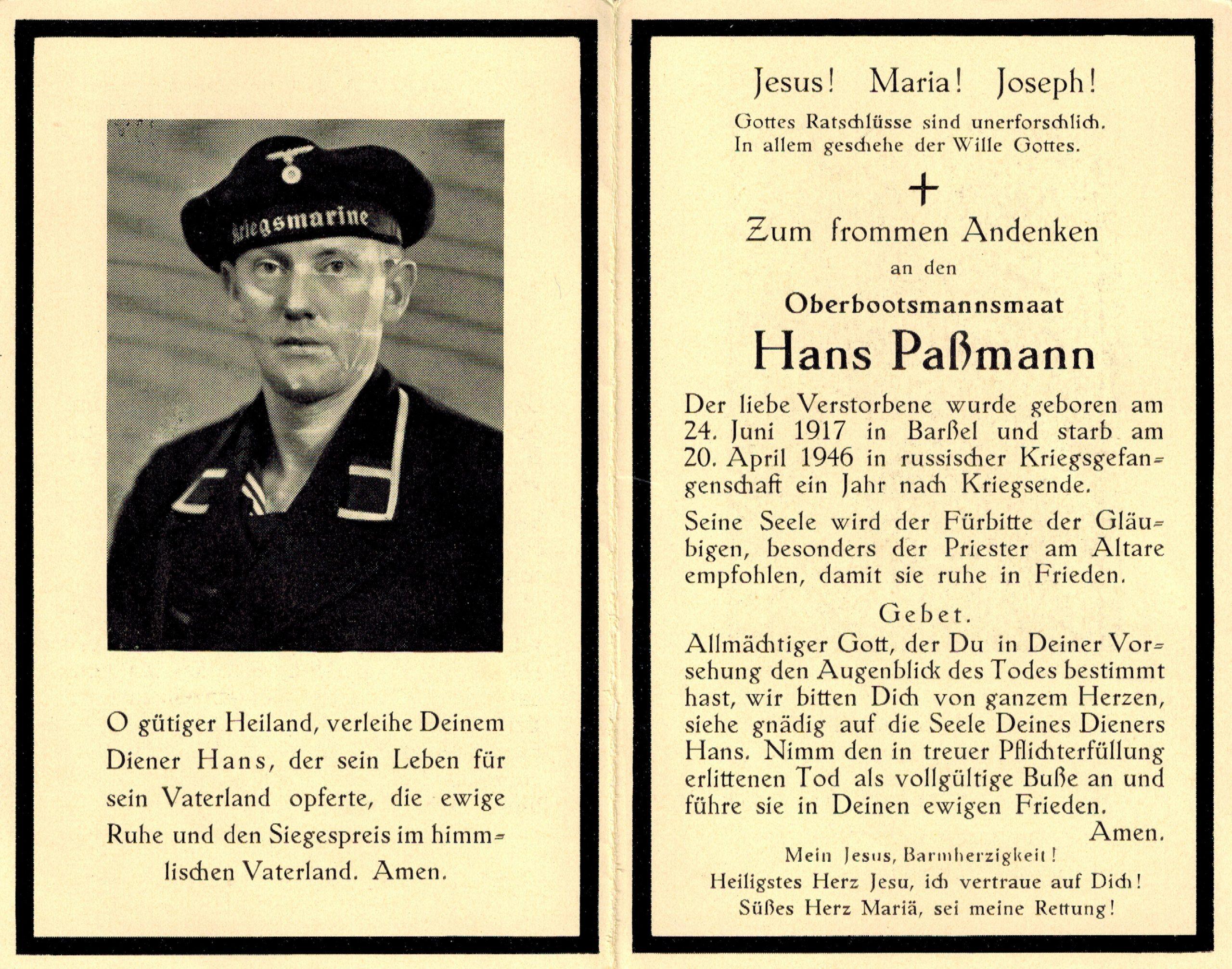 Kriegsopfer des 2. Weltkrieges Hans Passmann 20.04.1946