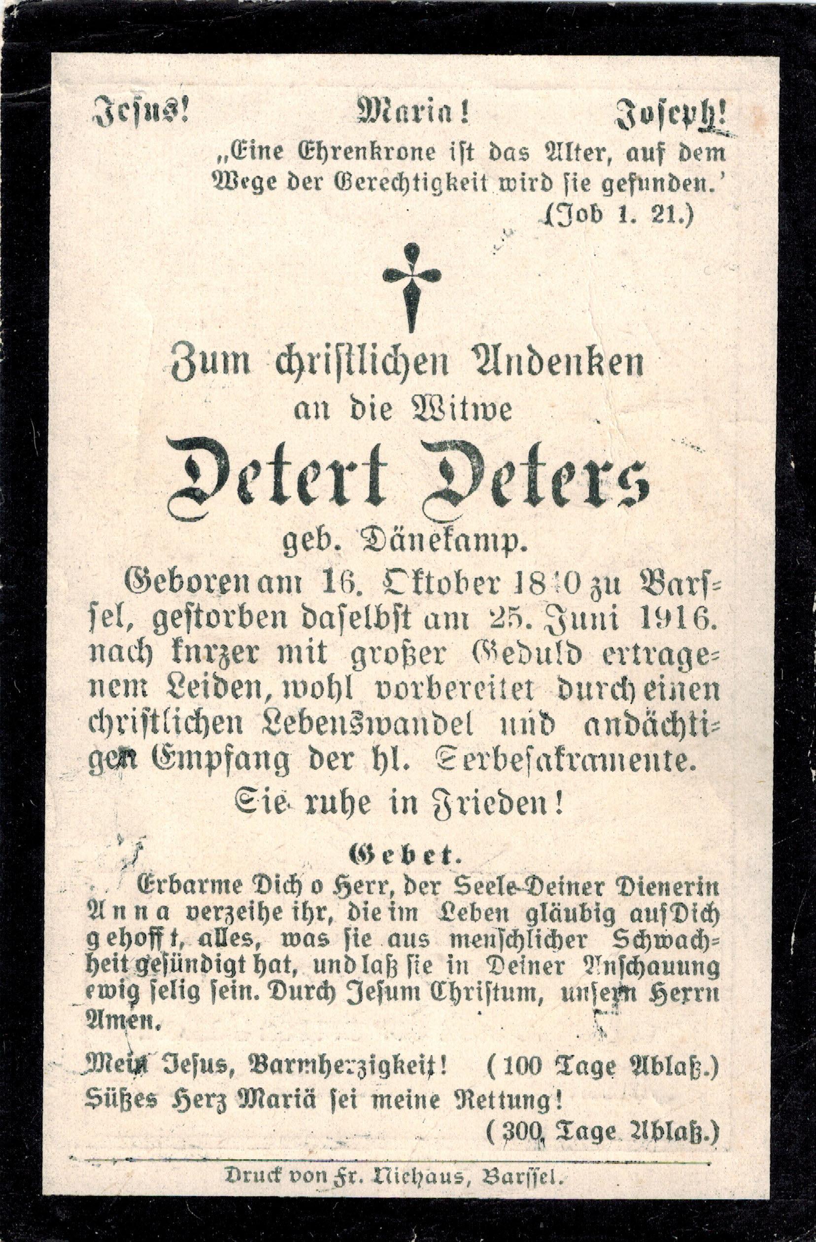 Verstorbene Anna Maria Deters geborene Dänekamp 25.06.1916