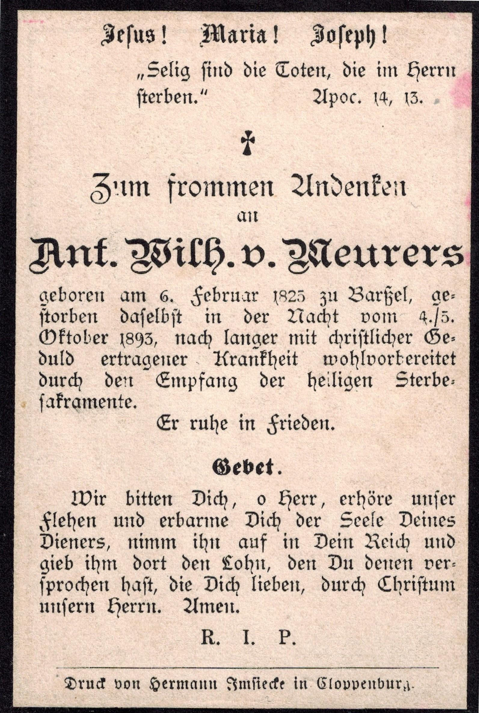 Verstorbener Anton Wilhelm von Meurers 05.10.1893