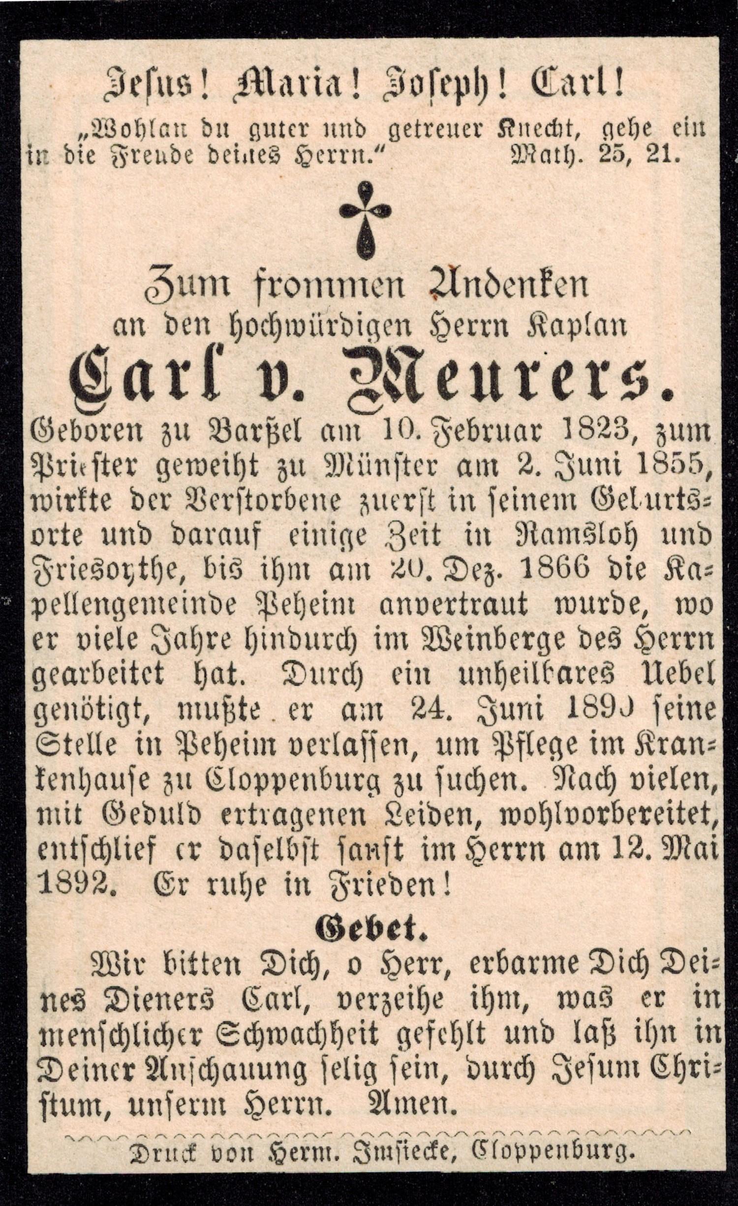Verstorbener Carl von Meurers 12.05.1892