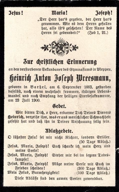 Verstorbener Heinrich Anton Joseph Wreesmann 23.07.1900