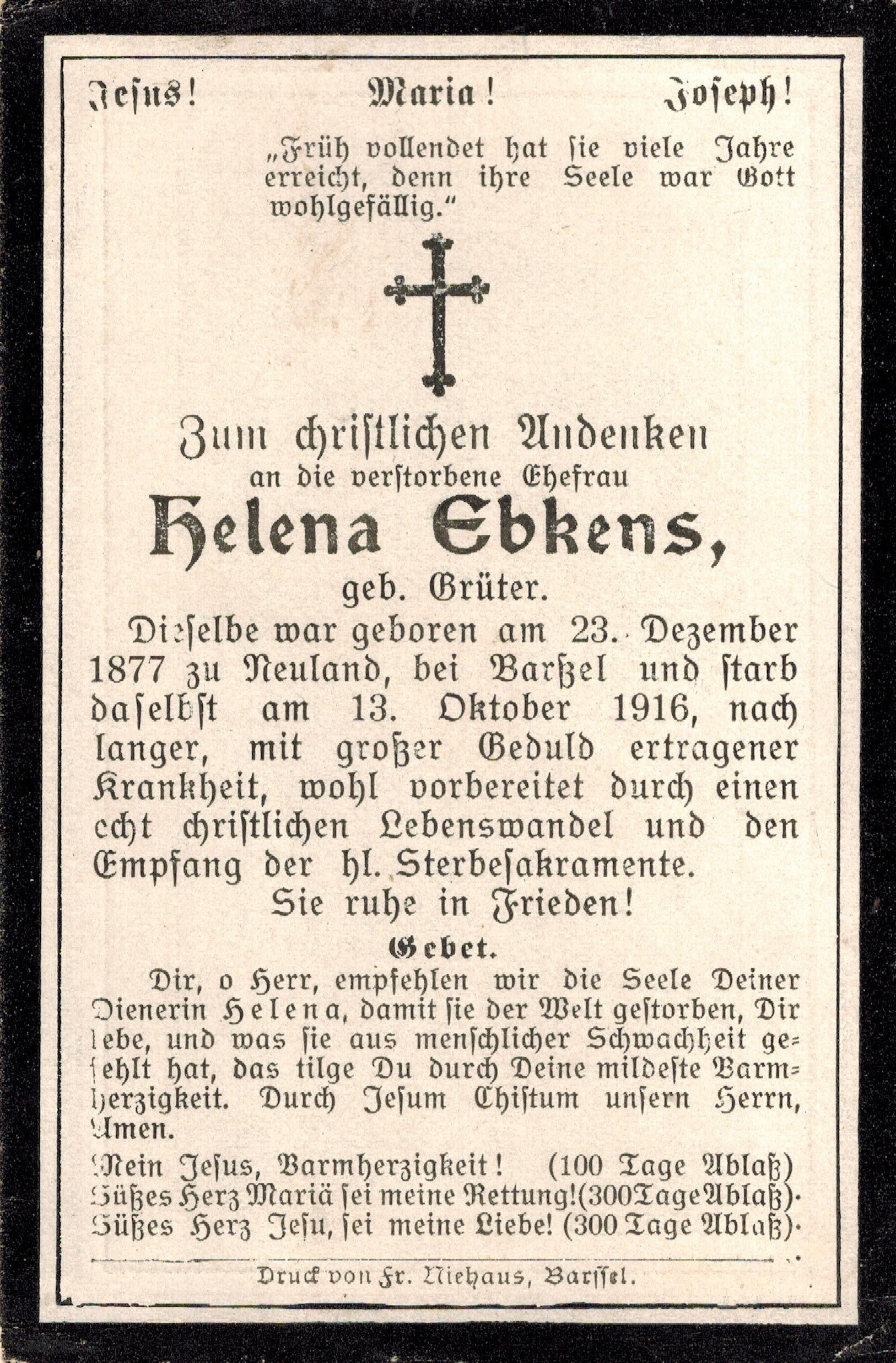 Verstorbene Helena Ebkens geborene Grüter 13.10.1916
