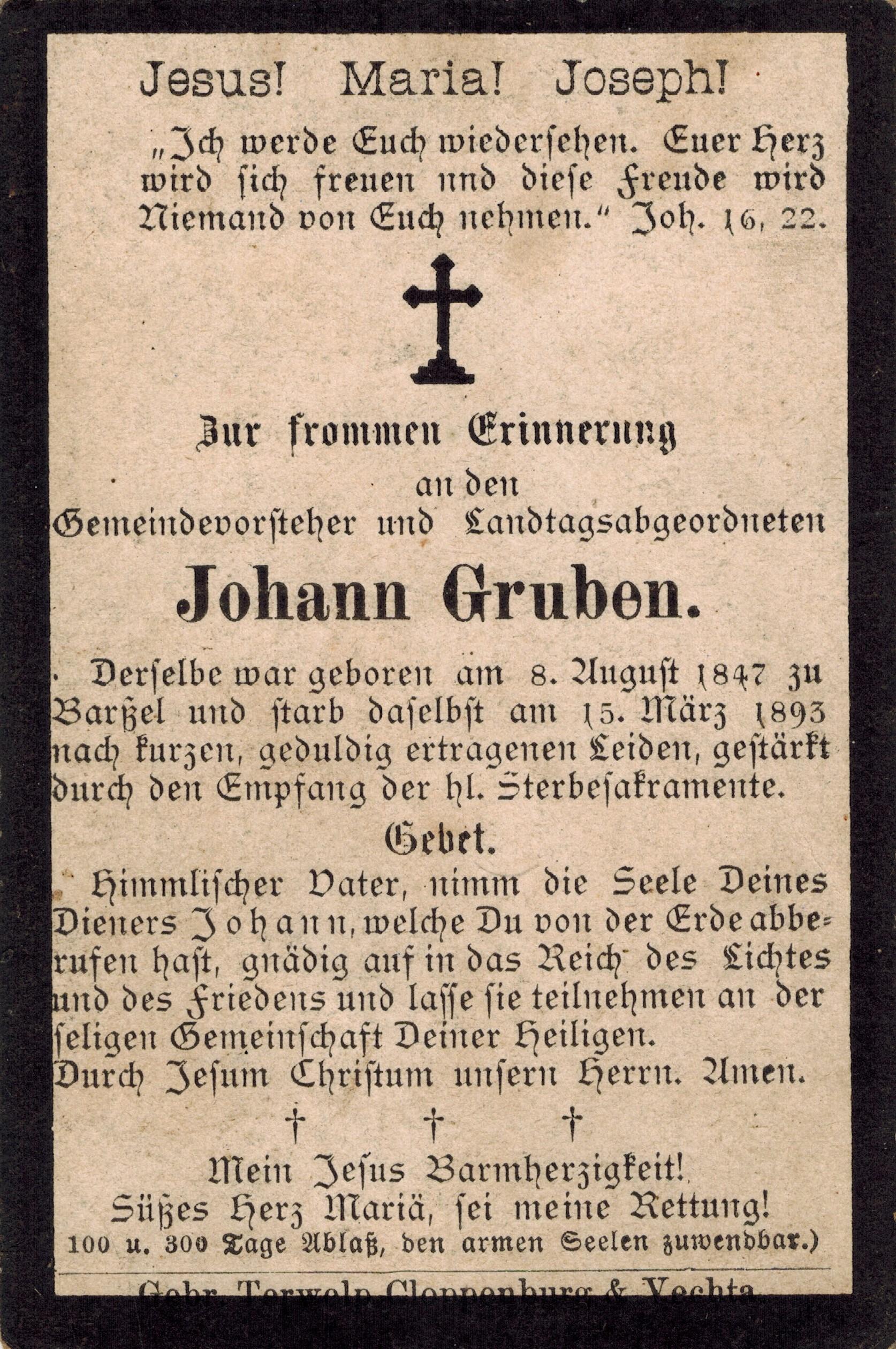 Verstorbener Johann Gruben 15.03.1893