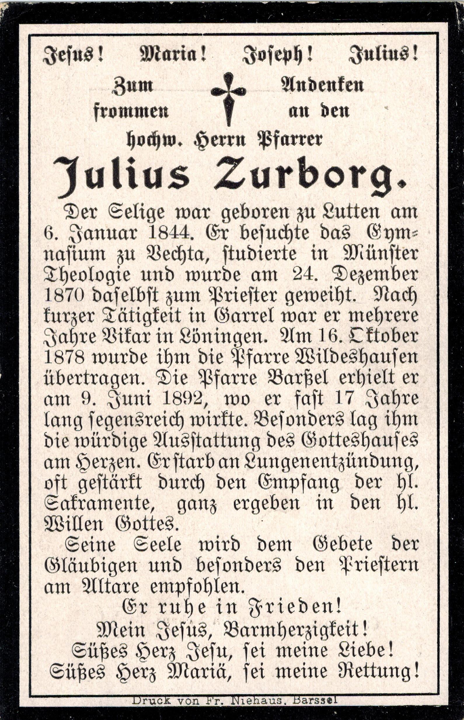 Verstorbener Julius Zurborg 05.04.1909