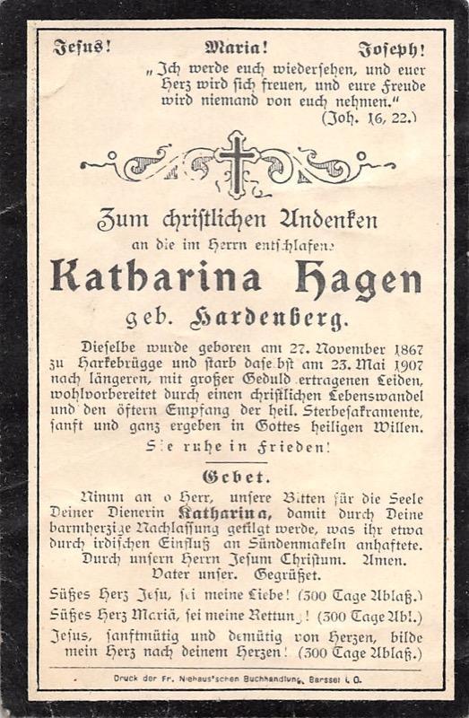 Verstorbene Katharina Hagen geborene Hardenberg 23.05.1907