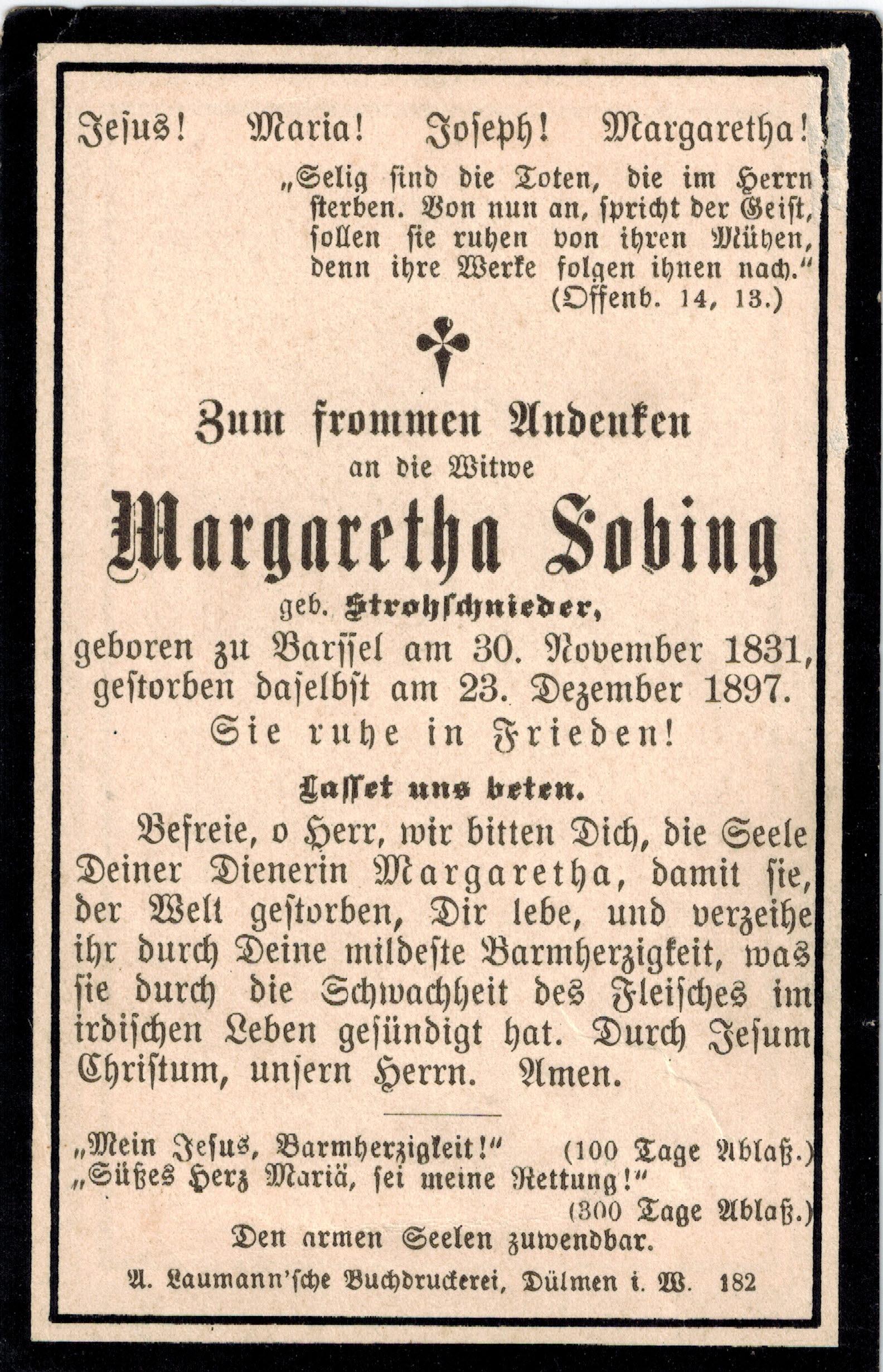 Verstorbene Margarethe Sobing geborene Strohschnieder 23.12.1897