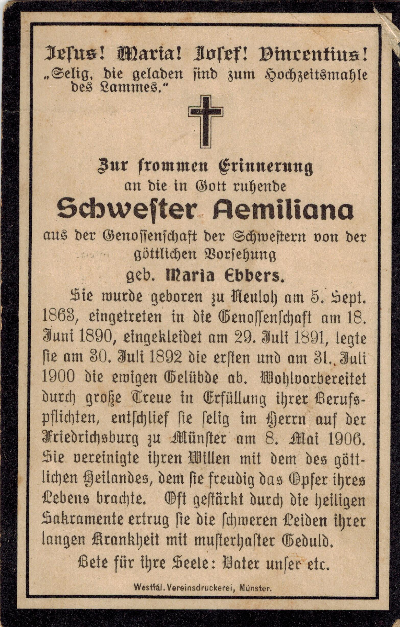 Verstorbene Maria Ebbers Schwester Aemiliana 08.05.1906